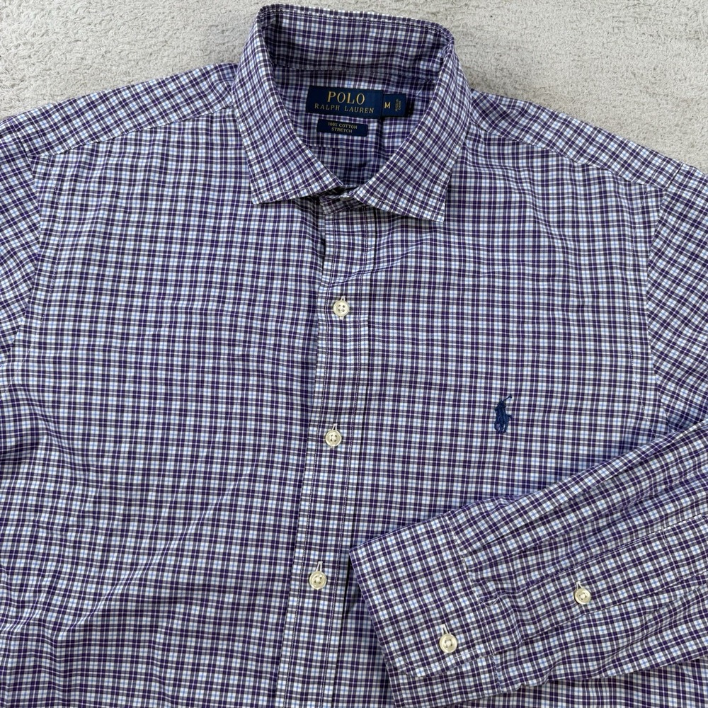 Polo Ralph Lauren Shirt Mens Medium Purple Check Button Down Pony Cotton Stretch
